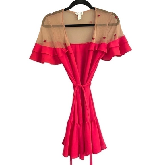 For Love & Lemons Red Mesh Shoulders Rosettes Wrap Mini Dress - XS/S, HTF style - Picture 12 of 14